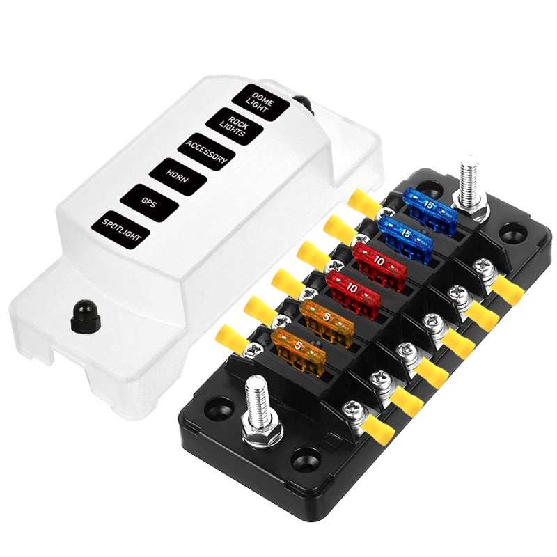 PSEQT Mini 6-Way Marine Blade Fuse Block with Negative Bus ATC/ATO Waterproof Automotive Fuse Box Standard Circuit Holder Panel for Boat Yacht Vehicle Auto RV Car Trailer Truck SUV - Image 1
